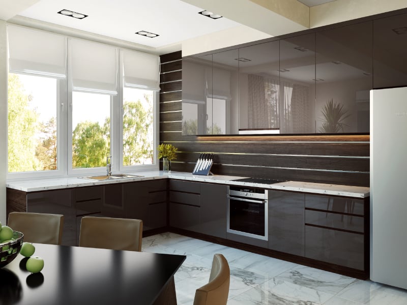 Glossy dark L-shape modular kitchen